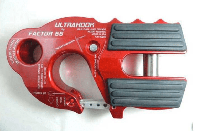 Factor 55 Red UltraHook a High-Strength Winch Hook With Shackle Mount and Safety Latch.