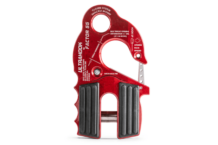 Factor 55 Red UltraHook a High-Strength Winch Hook With Shackle Mount and Safety Latch.