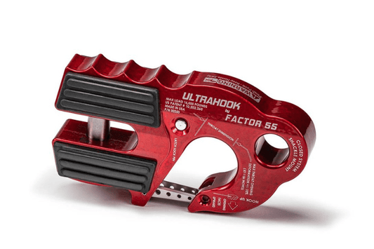 Factor 55 Red UltraHook a High-Strength Winch Hook With Shackle Mount and Safety Latch.
