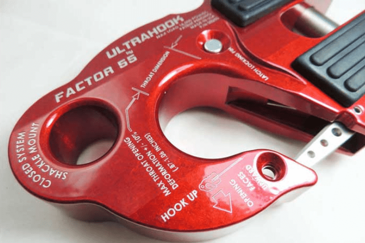 Factor 55 Red UltraHook a High-Strength Winch Hook With Shackle Mount and Safety Latch.