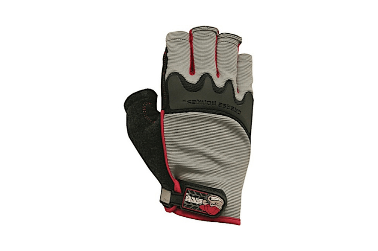 Gray and black mechanics glove with red accents.