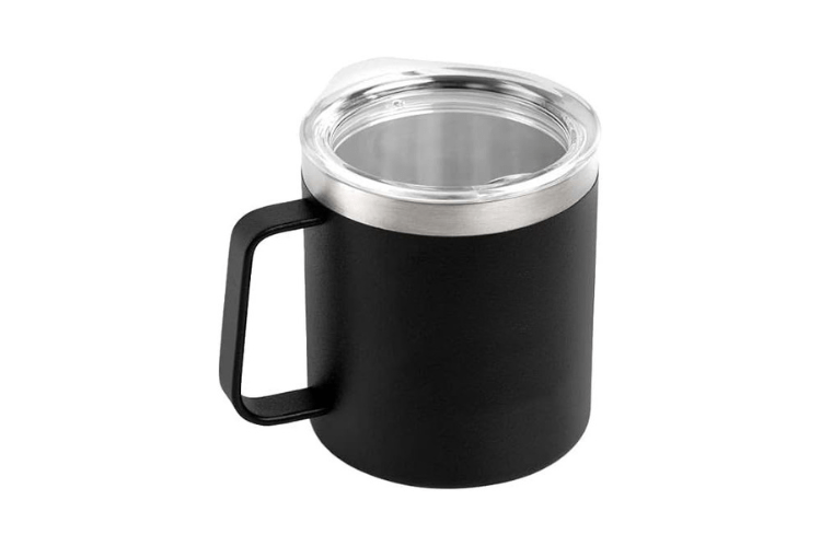 Black insulated mug with a silver lid.