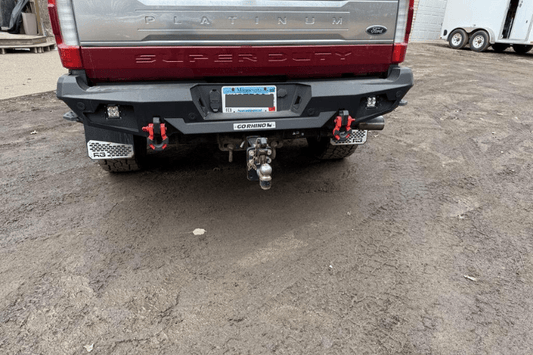 Go Rhino 28373T BR20 rear bumper for Ford Super Duty 2017–2022 – heavy-duty steel construction, textured black finish, corner steps, LED light mounts, aftermarket truck bumper upgrade