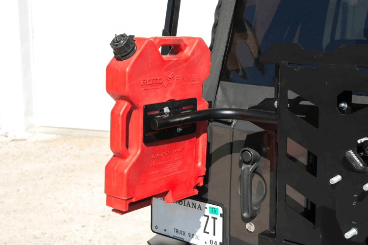 Single RotoPax mount by Lod Offroad in black textured finish for fuel cans