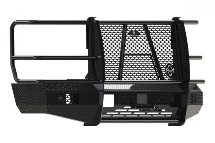 Ranch Hand FSF231BL1 Summit Series front bumper with full grille guard for 2023-2026 Ford F250 and F350 Super Duty, featuring diamond-plate steel and a black powder-coat finish.