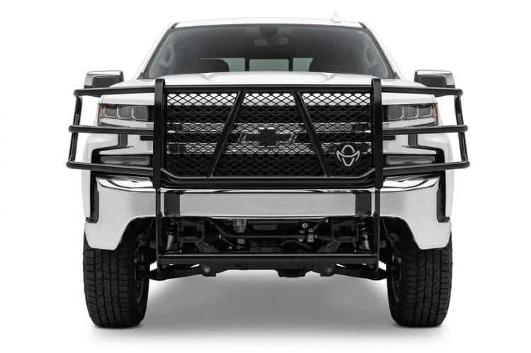 Heavy-duty grille guard Ranch Hand GGC19HBL1 for Chevy Silverado 1500, full front-end protection without camera compatibility