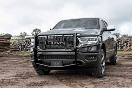 Heavy-duty ranch hand front bumper guard GGD19HBL1C with camera and sensor cutouts