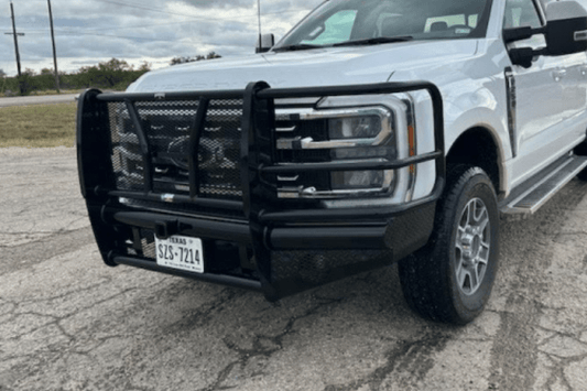Roughneck front bumper for Ford F-450/F-550 2011-2016 with receiver tube, ideal for ranch-style durability and off-road hauling.
