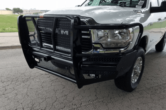 Roughneck off-road bumper with receiver tube for GMC Sierra 2500/3500 2015–2019, heavy-duty front-end replacement bumper.