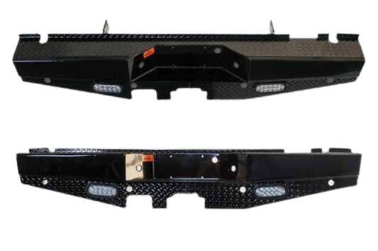 Ford F-150 2015–2021 rear steel bumper by Roughneck, ranch-style design with built-in backup lights, model RGNK-BRBSF15LDL.