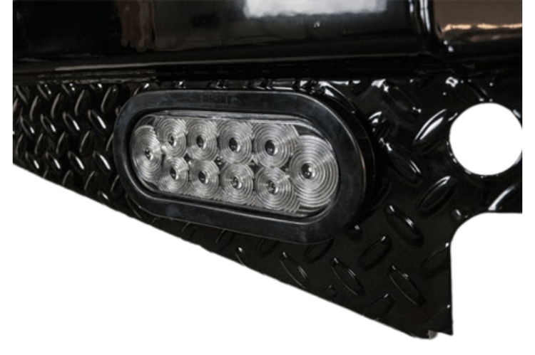 Ford F-150 2015–2021 rear steel bumper by Roughneck, ranch-style design with built-in backup lights, model RGNK-BRBSF15LDL.
