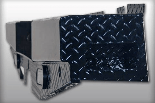 Ford F-150 2015–2021 rear steel bumper by Roughneck, ranch-style design with built-in backup lights, model RGNK-BRBSF15LDL.

