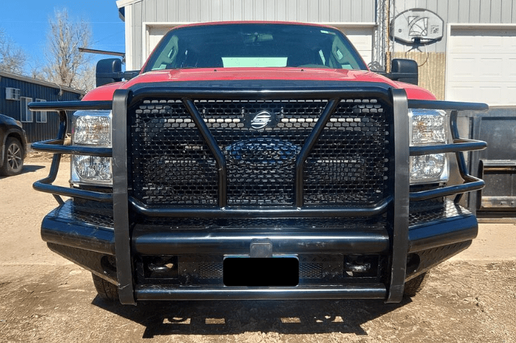 Steelcraft HD11370R-1 HD Replacement Front Bumper with Grille Guard and Hitch Receiver for 2011-2016 Ford Super Duty, black heavy-duty steel construction.