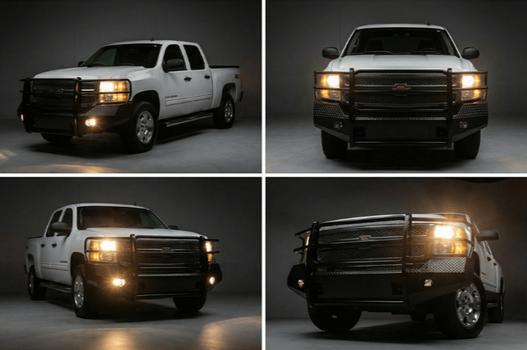 Four views of Heavy-duty TrailFX FX3007 front bumper for Silverado 1500