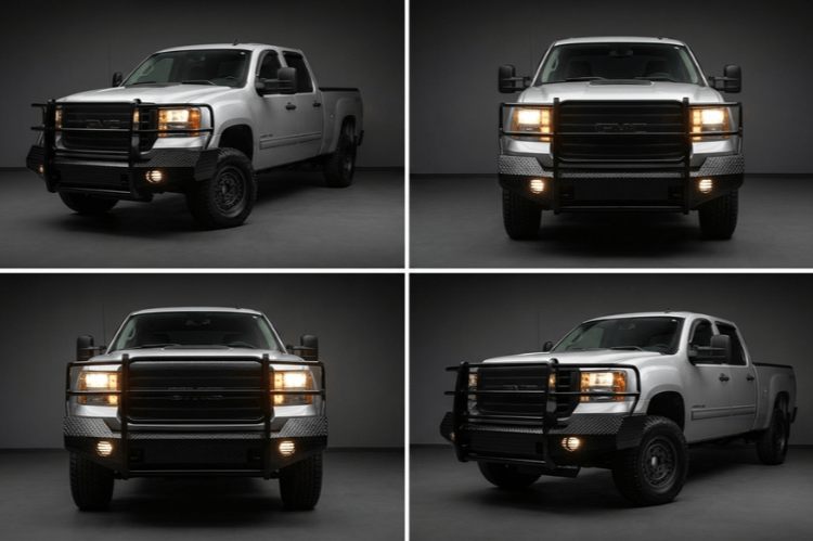 Four views of TrailFX FX3017 full replacement front bumper for GMC Sierra 2500/3500 2007–2010