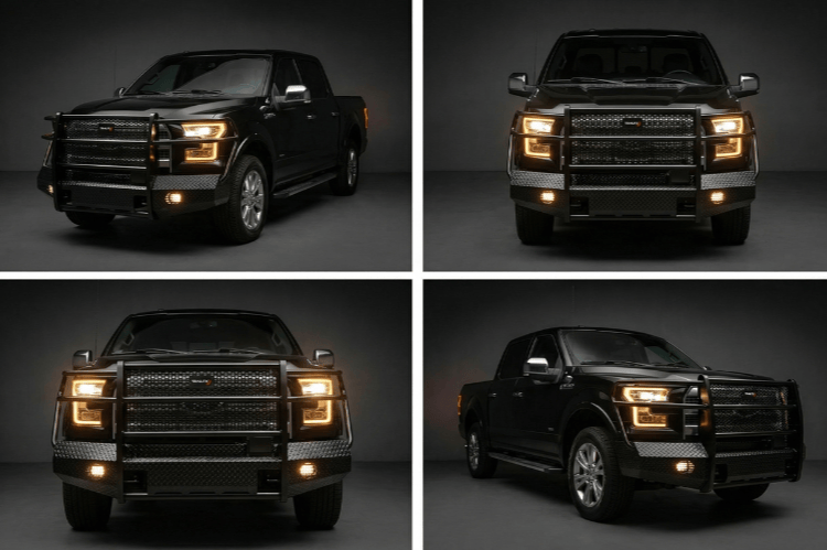 TrailFX front bumper FX3027 for 2018–2020 Ford F150 shown from multiple angles on a dark background