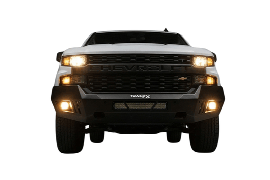 Front view of TrailFX FLDB005TI replacement front bumper for Chevy Silverado 1500