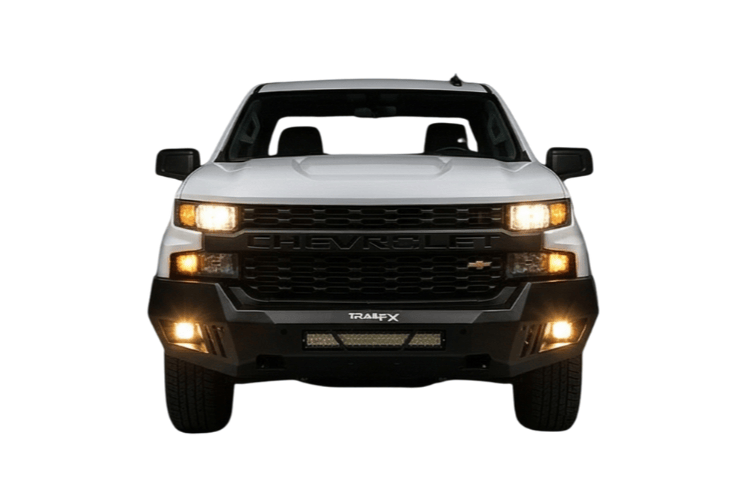 Front view of TrailFX FLDB005TI replacement front bumper for Chevy Silverado 1500