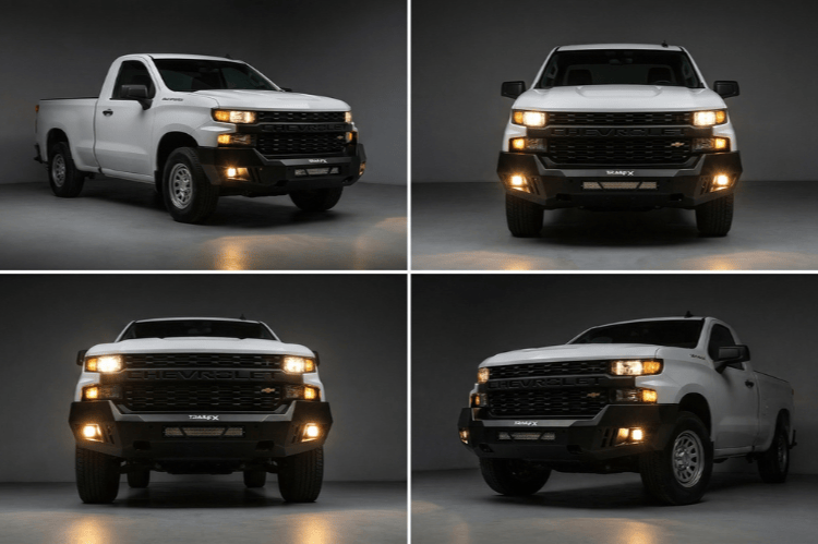 TrailFX FLDB005TI replacement front bumper for Chevy Silverado 1500 shown from multiple angles on a dark background