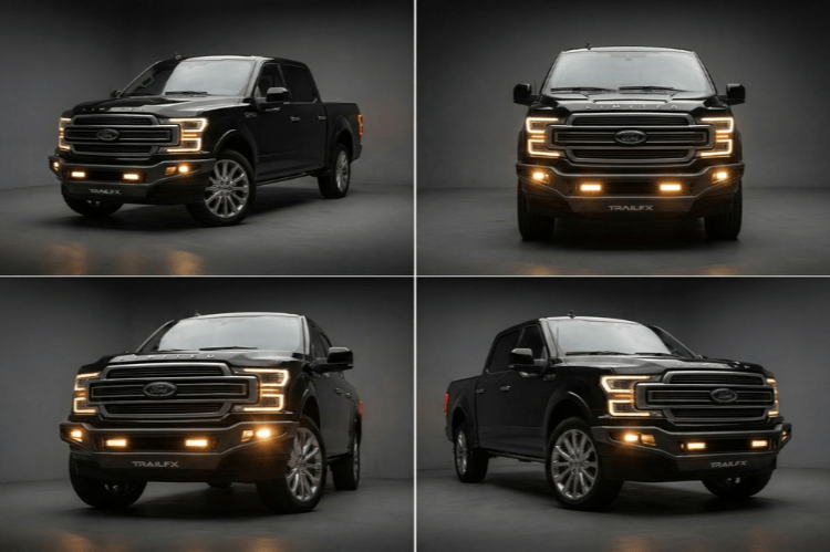 Four views of Ford F150 2018–2020 TrailFX FPRB004TI pre-runner front bumper