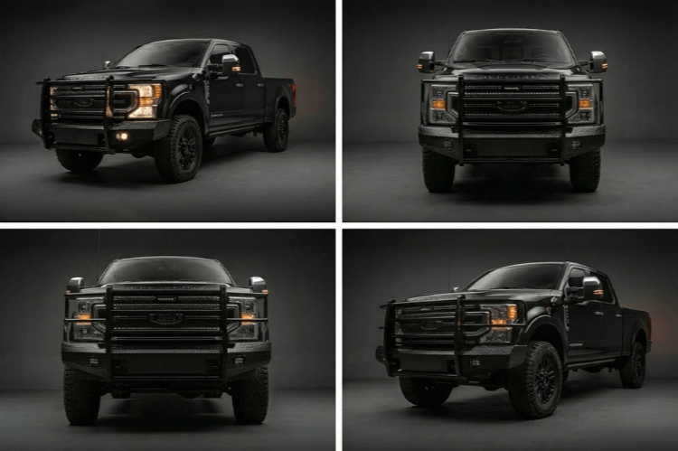 TrailFX front bumper FX3023 for 2017–2022 Ford F250/F350 Super Duty shown from multiple angles on a dark background
