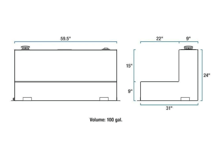 UWS TT-100-L-T-P Dodge Ram 2500/3500 2003-2021 100-Gallon L-Shape Bright Aluminum Transfer Tank