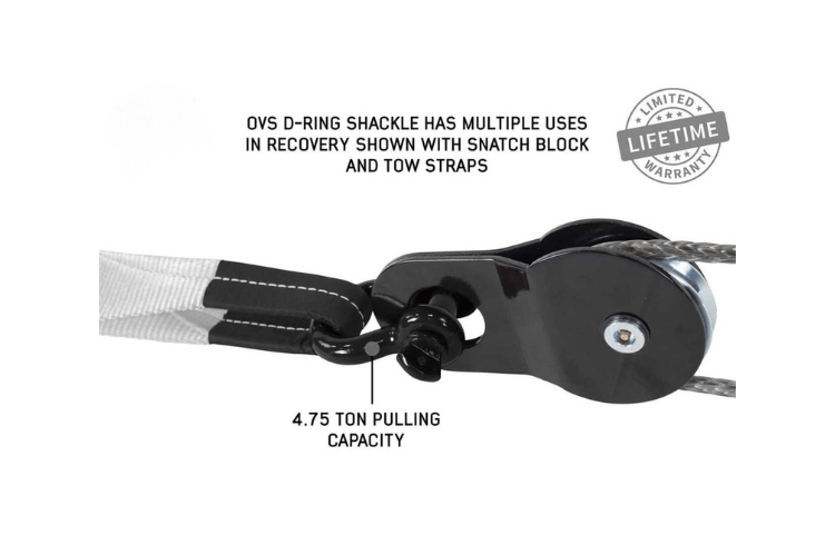 D-ring shackle with snatch block and tow straps featuring its uses and pulling capacity.