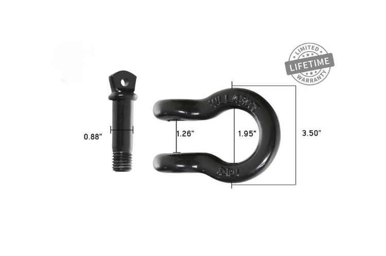 Black shackle with measurements and a lifetime warranty badge.