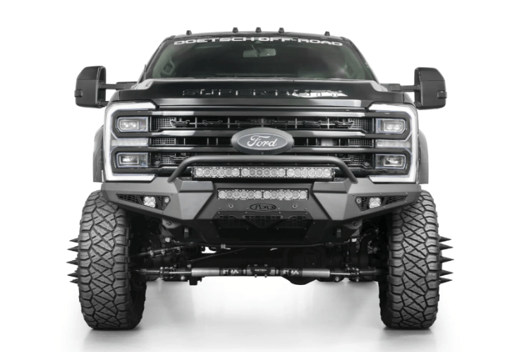 ADD HoneyBadger front bumper F810221770103 with top hoop for 2023–2025 Ford F250/F350 Super Duty.