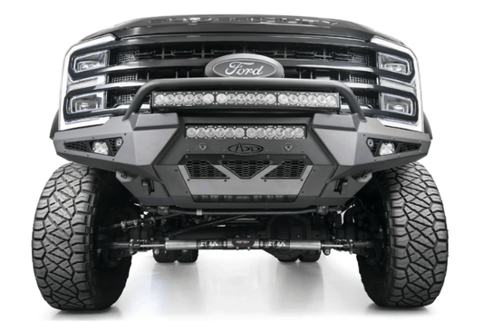 ADD HoneyBadger front bumper F810221770103 with top hoop for 2023–2025 Ford F250/F350 Super Duty.