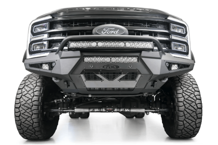ADD HoneyBadger front bumper F810221770103 with top hoop for 2023–2025 Ford F250/F350 Super Duty.
