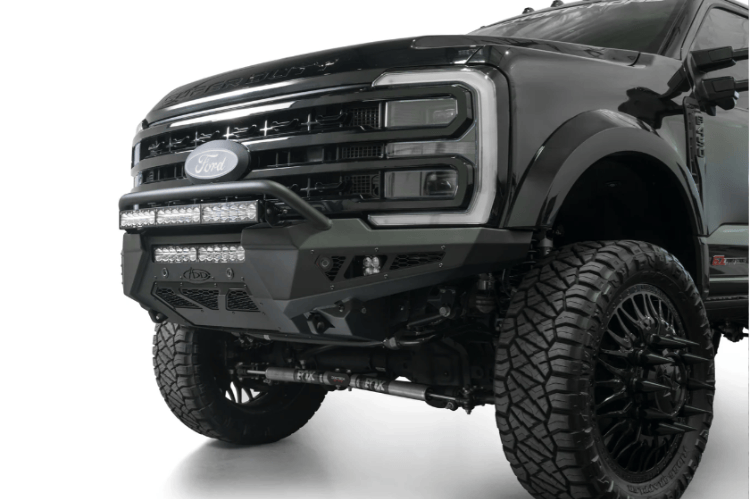 ADD HoneyBadger front bumper F810221770103 with top hoop for 2023–2025 Ford F250/F350 Super Duty.