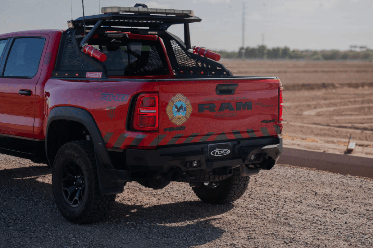 ADD rear bumper replacement R630081280103 for 2025-2026 Ram RHO Stealth Fighter, aftermarket off-road back bumper by Addictive Desert Designs.