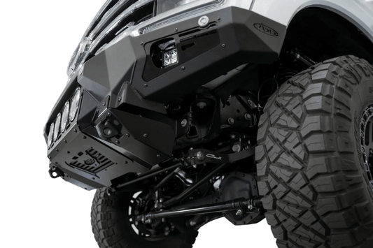 White truck's front end showcasing ADD Bomber Black bumper F810014110103, compatible with Ford Superduty models 2023-2025