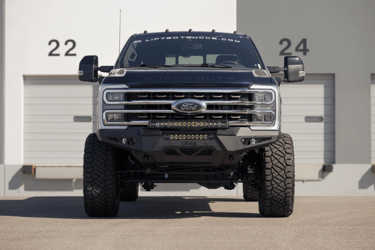 ADD HoneyBadger front bumper F810211770103 installed on 2023–2025 Ford F250 F350 Super Duty truck