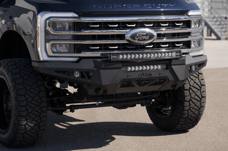 ADD HoneyBadger front bumper F810211770103 installed on 2023–2026 Ford F250 F350 Super Duty truck