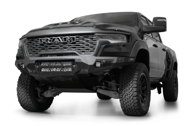 Rugged and stylish, the ADD F630012140103 Bomber front bumper upgrades your 2025 Ram 1500 RHO with heavy-duty protection and off-road performance