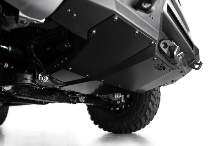 ADD stealth front skid plate installed on a 2024+ Toyota Tacoma for off-road underbody protection