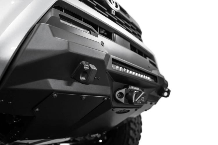 ADD stealth front skid plate installed on a 2024+ Toyota Tacoma for off-road underbody protection