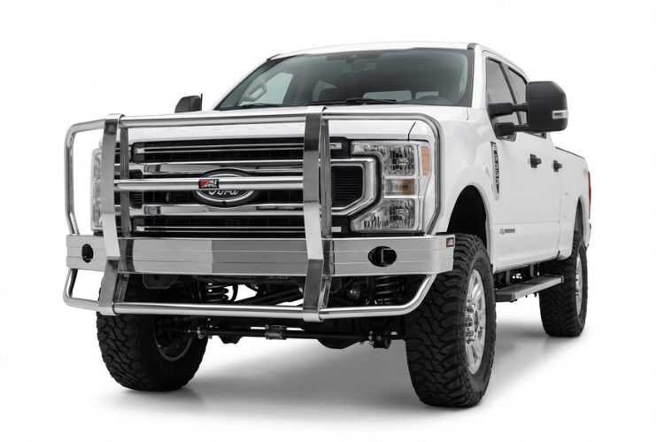Ali Arc FDR280L Classic Series aluminum front bumper for 2023-2026 Ford F250 and F350 Super Duty, featuring a high-polish finish, signature rake grille guard, and fog light cutouts.