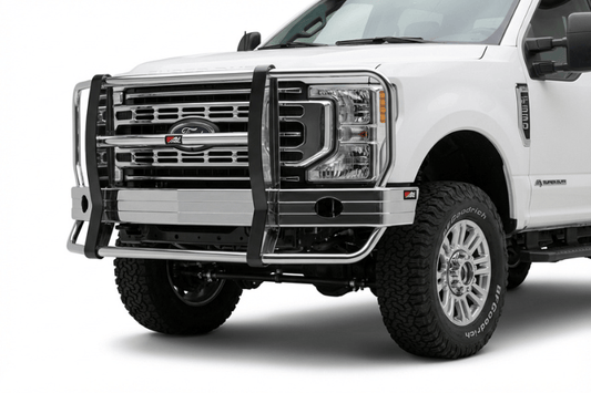 Ali Arc FDR280L Classic Series aluminum front bumper for 2023-2026 Ford F250 and F350 Super Duty, featuring a high-polish finish, signature rake grille guard, and fog light cutouts.