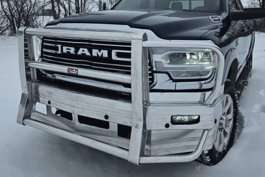 Heavy-duty Ali Arc Classic Dodge Ram 2500/3500 2019-2024 Front Bumper Rectangle Fog Light Cut Outs and Sensor with Rake DGR101LS
