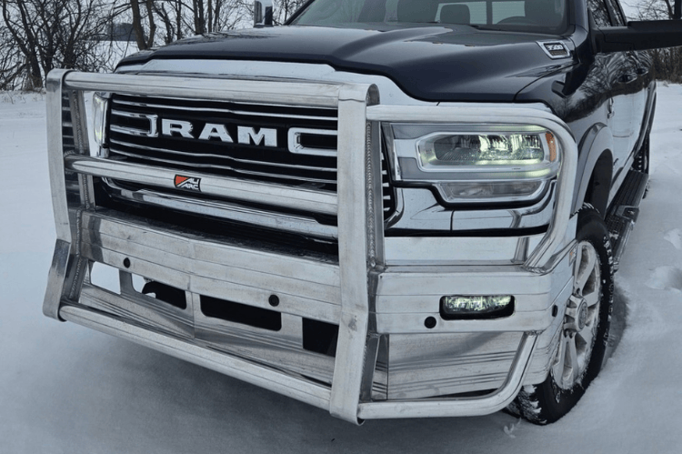 Heavy-duty Ali Arc Classic Dodge Ram 2500/3500 2019-2024 Front Bumper Rectangle Fog Light Cut Outs and Sensor with Rake DGR101LS