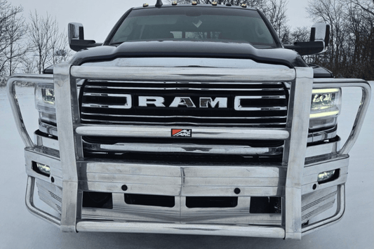 Heavy-duty Ali Arc Classic Dodge Ram 2500/3500 2019-2024 Front Bumper Rectangle Fog Light Cut Outs and Sensor with Rake DGR101LS