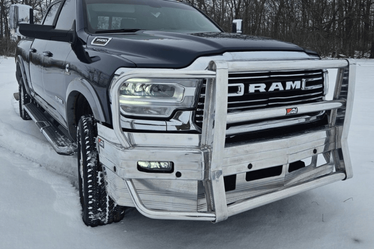 Heavy-duty Ali Arc Classic Dodge Ram 2500/3500 2019-2024 Front Bumper Rectangle Fog Light Cut Outs and Sensor with Rake DGR101LS