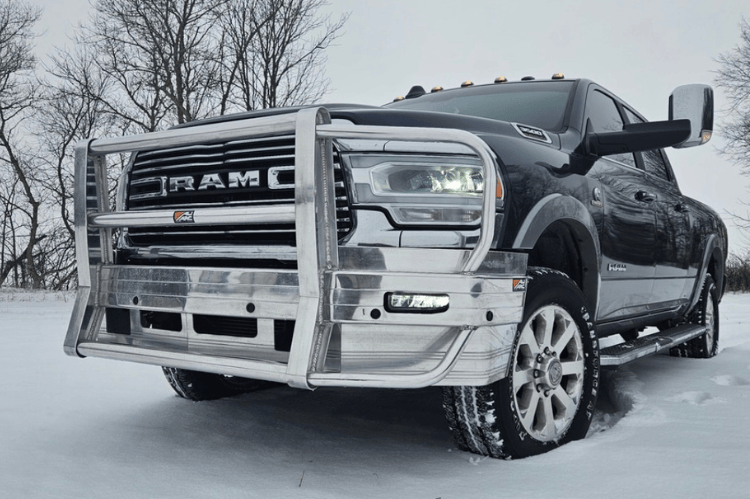 Heavy-duty Ali Arc Classic Dodge Ram 2500/3500 2019-2024 Front Bumper Rectangle Fog Light Cut Outs and Sensor with Rake DGR101LS