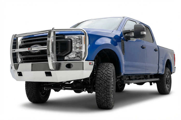 Ali Arc FDH280L Sentinel Series polished aluminum front bumper for 2023-2026 Ford F250 and F350 Super Duty, featuring round fog light cutouts and a heavy-duty grille guard.