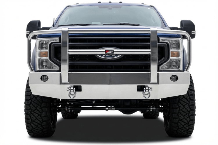 Ali Arc FDH280L Sentinel Series polished aluminum front bumper for 2023-2026 Ford F250 and F350 Super Duty, featuring round fog light cutouts and a heavy-duty grille guard.