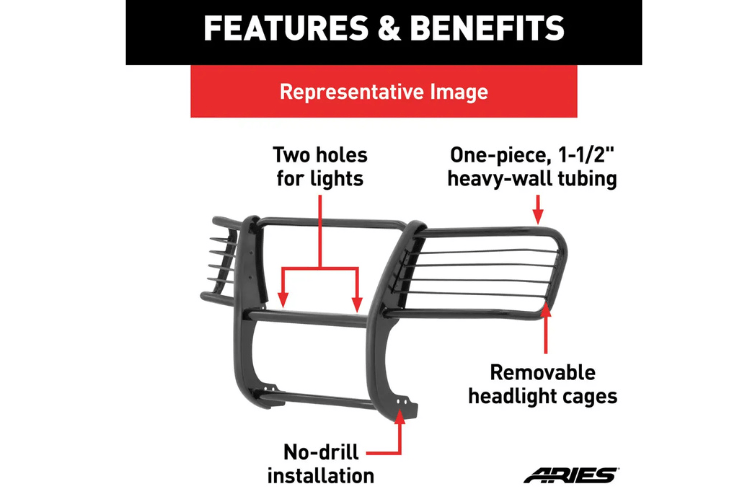 Aries Grille Guard 5061 for 2019–2026 Ram 1500, semi-gloss black powder coat steel finish, offering rugged front protection.