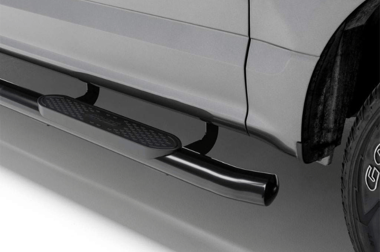 Aries 4-inch oval side bars S225008 black steel for 2003–2009 Dodge Ram 2500/3500, durable nerf bars for rugged side protection.